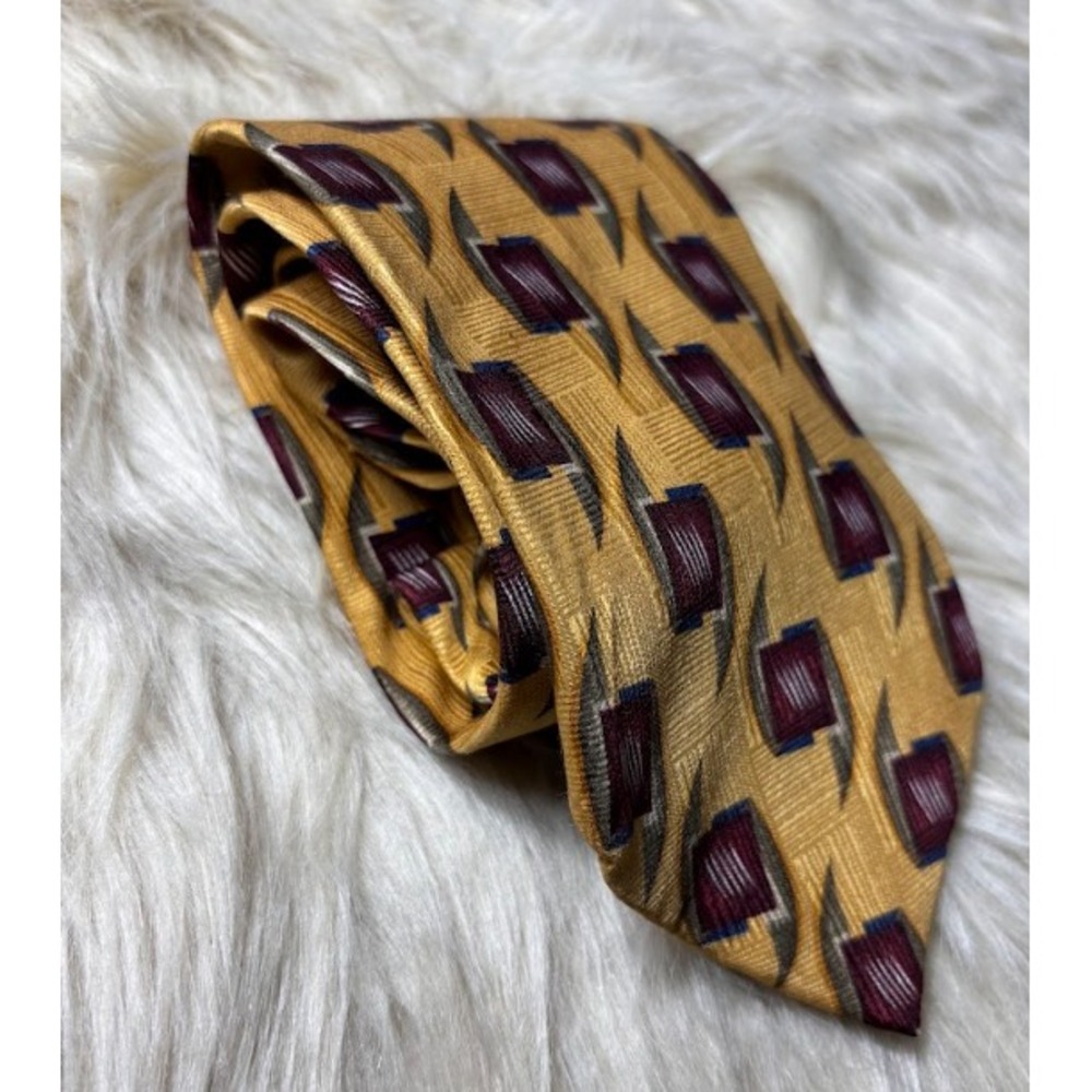JZ Richards Silk Tie Mens Gold Burgundy Geometric Made USA Luxury Necktie - Picture 2 of 4